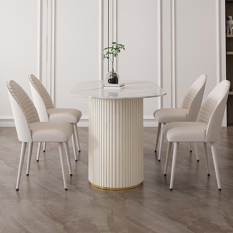 Metal Contemporary White Dining Table Marble Top Table with Double Pedestal