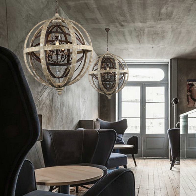 4 Bulbs Chandelier Pendant Light Vintage Sphere Distressed Wood Hanging Light for Dining Room
