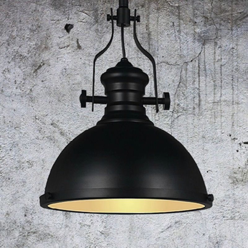 Vintage Bowl Pendant Lighting 1 Bulb Metal Ceiling Suspension Lamp with Frosted Glass Cover in Black