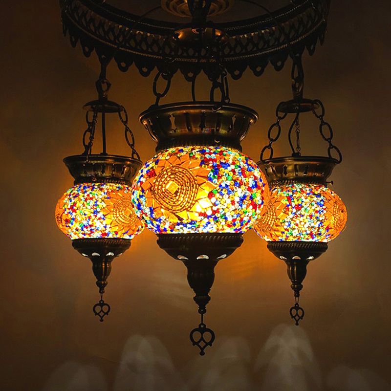 Stained Art Glass Oval Chandelier Lighting Traditional 3 Heads Bedroom Ceiling Chandelier in Yellow/Orange/Blue