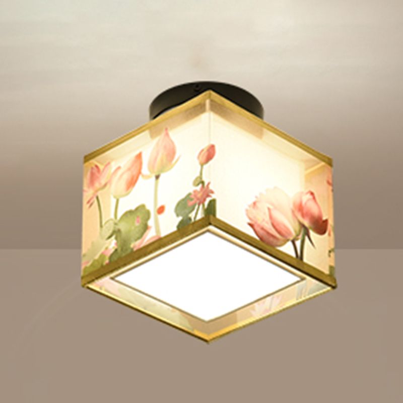 8" Wide Flush Mount Ceiling Fixture Asia Style Flush Light with Fabric Shade for Living Room