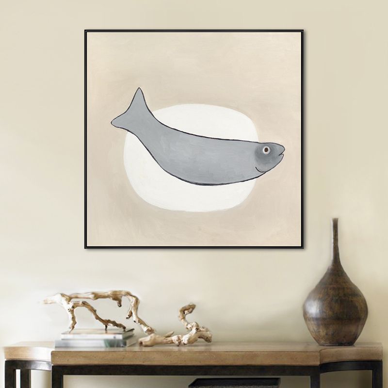 Cartoon Square Wall Art Decor Grey Fish and Elliptical Canvas Print for Dining Room