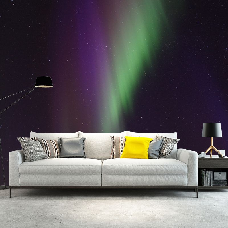 Purple-Green Aurora Borealis Mural Moisture Resistant Wall Decor for Living Room