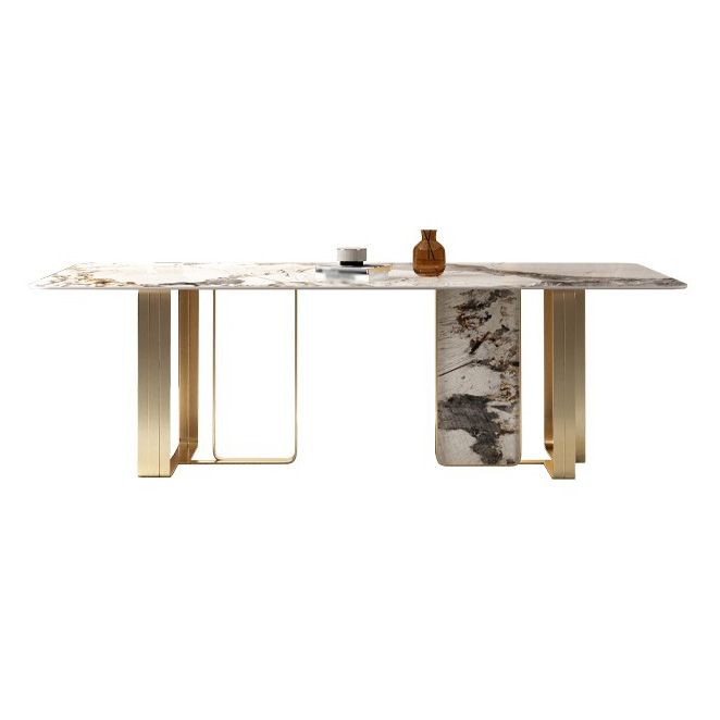 Luxury Style Sintered Stone Dining Table Double Pedestal Base Rectangle Table