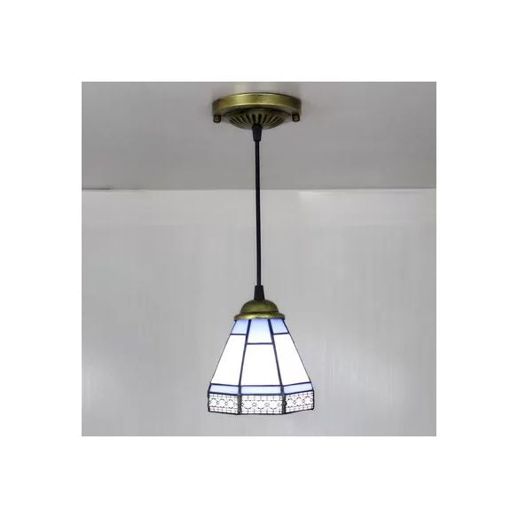 Stained Glass Conical Drop Lamp Tiffany-Style 1 Head Beige/Green/Blue Pendant Lighting Fixture for Living Room