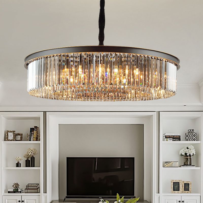 Black Drum Hanging Chandelier Modern 6/12 Lights Crystal Shaded Pendant Light for Living Room
