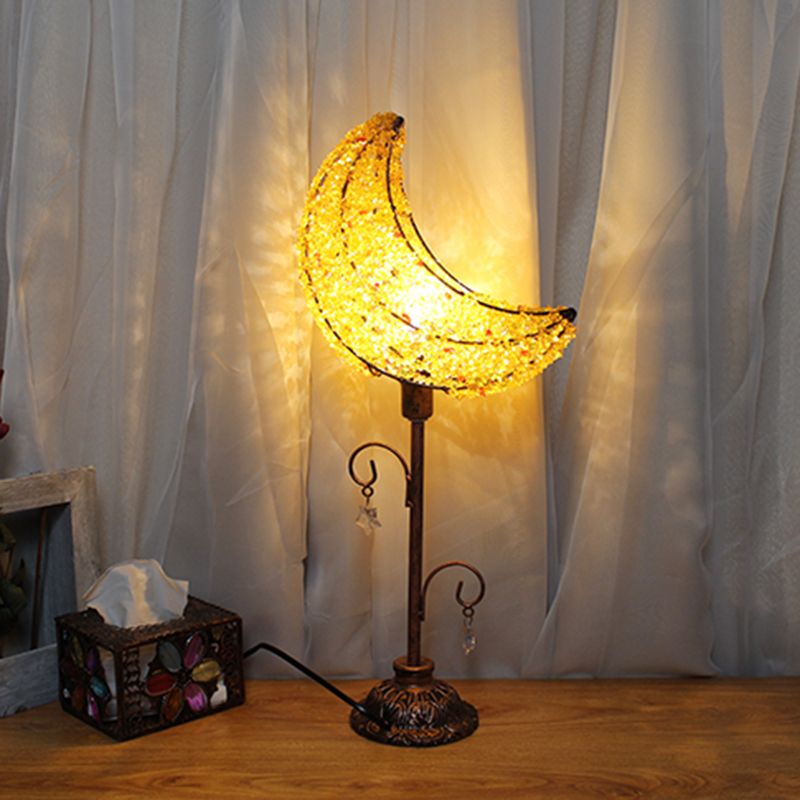 Lampada da comodino per camera da letto a forma di luna Lampada da comodino in metallo bohémien con 1 lampadina bianca/gialla