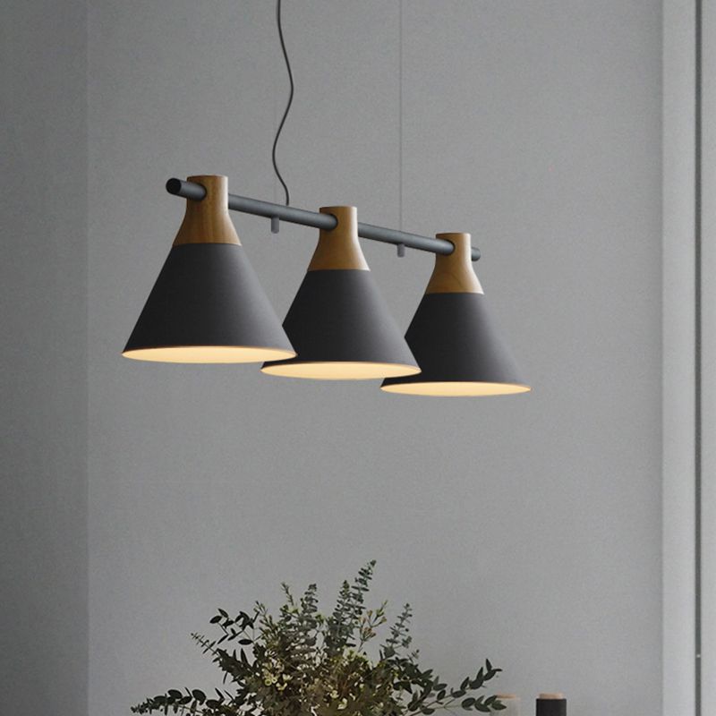 Adjustable Hanging Cord 3 Lights Island Pendant Lights Nordic Style Conical Metal Pendant in Wood