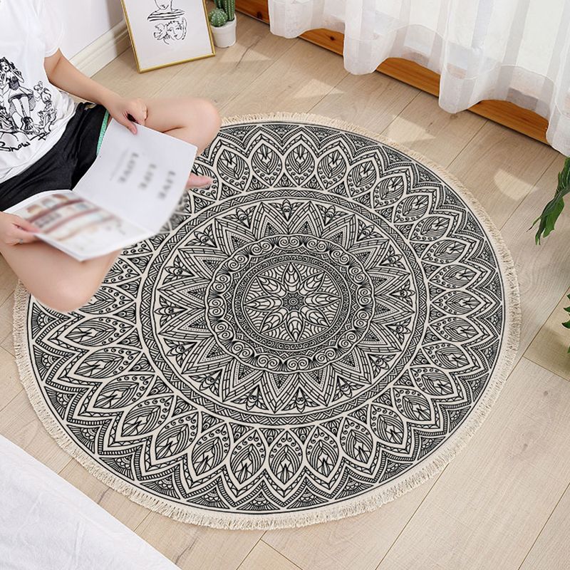 Round Tribal Print Carpet Cotton Persian Indoor Rug Non-Slip Backing Area Rug for Living Room