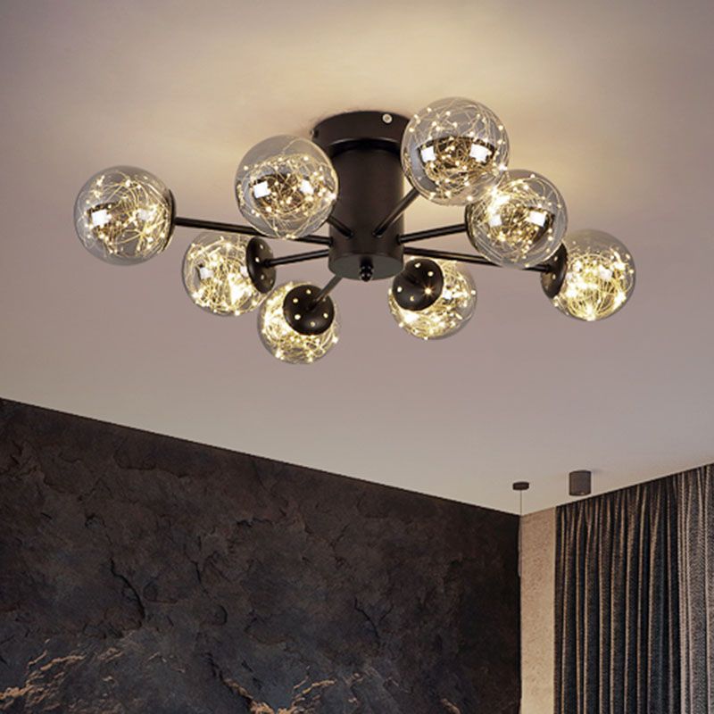 Radial Living Room Semi Flush Mount Smoke Grey Glass Contemporary Ceiling Light Fixture in Black