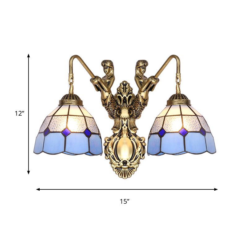 Blue Glass Brass Wall Light Fixture Dome 2 Heads Tiffany Sconce Lighting with Mermaid Backplate