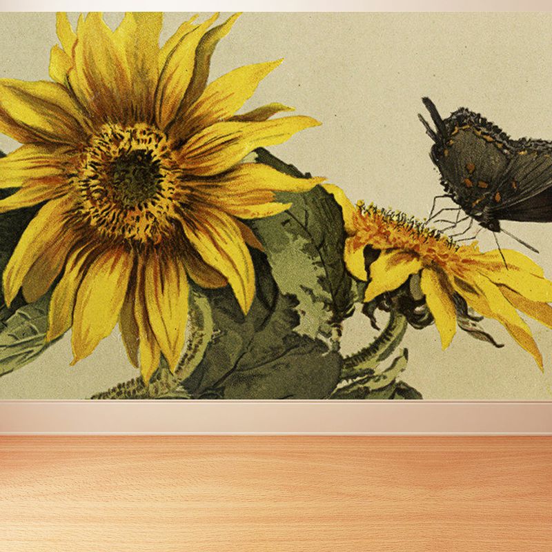 Large Sunflower and Butterfly Mural Contemporary Florentine Scene Wall Decor in Brown