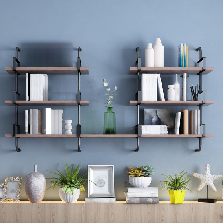 Contemporary Pine Solid Wood Bookcase Wall Mounted Metal Frame Closed Back Bookshelf