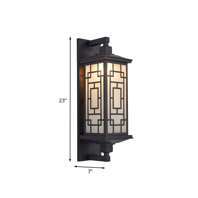Black 1 Head Wall Sconce Lighting Country Opal Glass Cuboid Wall Lamp with Curved/Rectangle Pattern