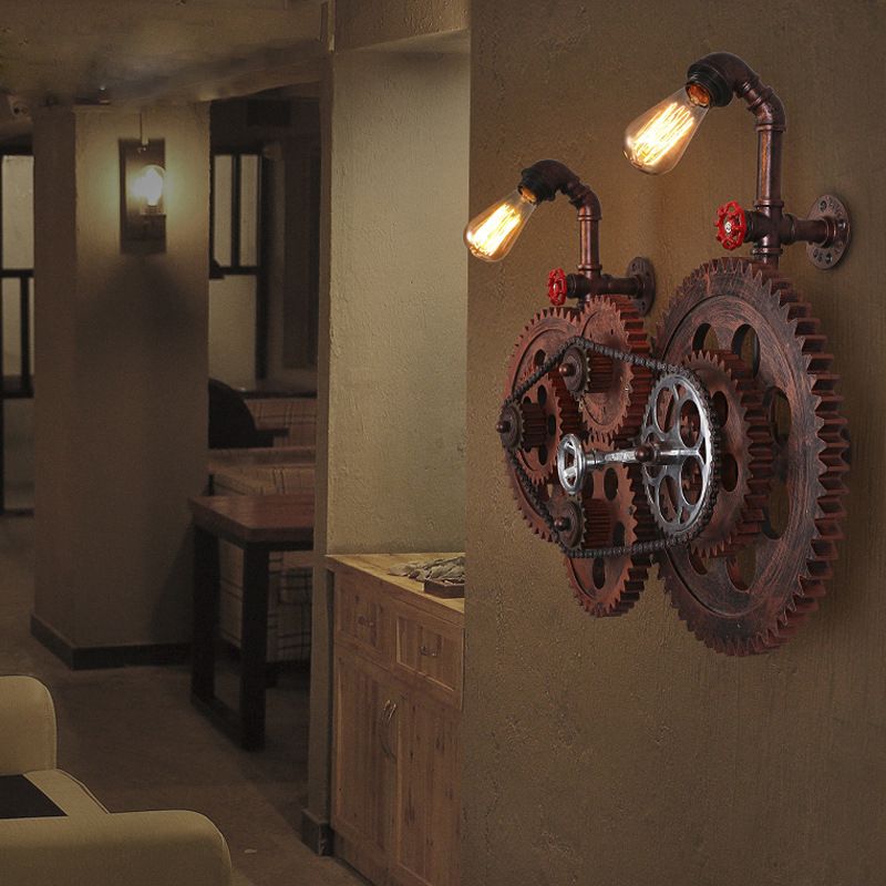 Gear Design Corridor Wall Sconce Lamp Wrought Iron 2 Lights Industrial Wall Light with Bare Bulb in Weathered Copper