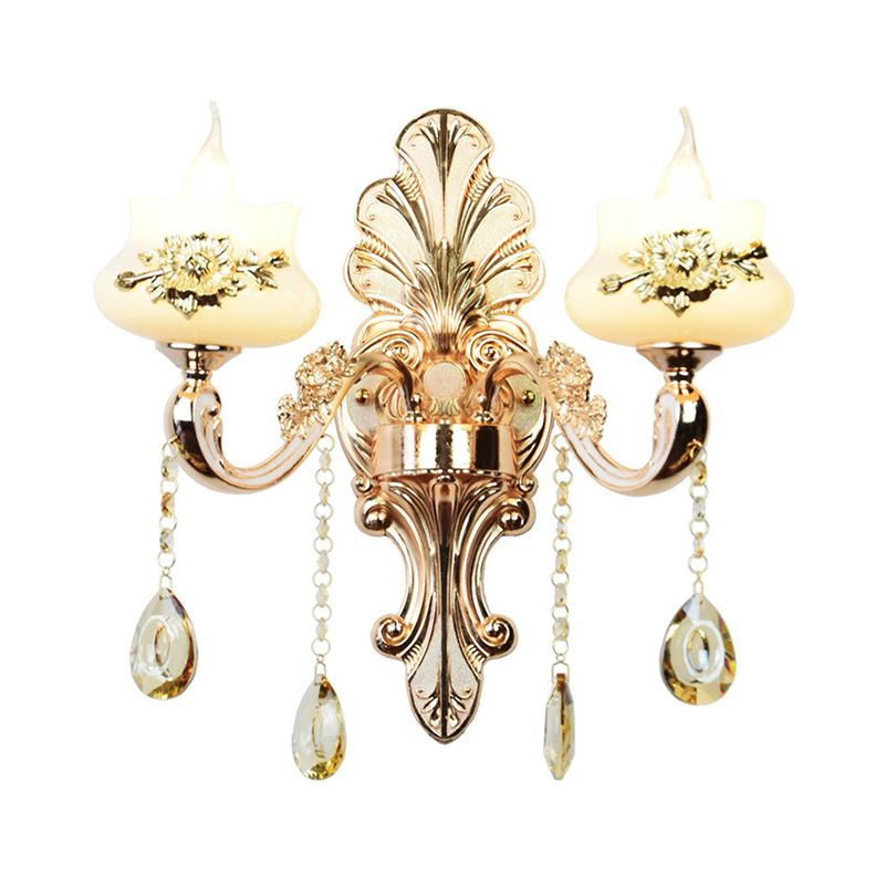 Classic Flower Wall Lamp Faux Jade Frosted Glass Wall Sconce with K9 Crystal Drops in Silver