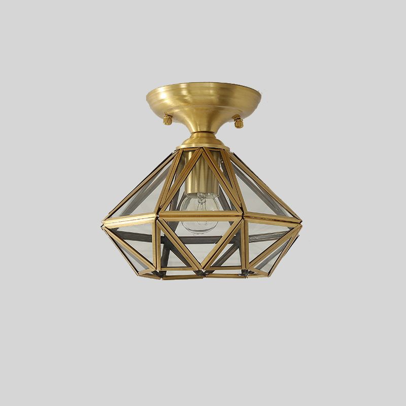 Brass Geometric Ceiling Light in Colonial Style Glass 1-Light Flush Mount