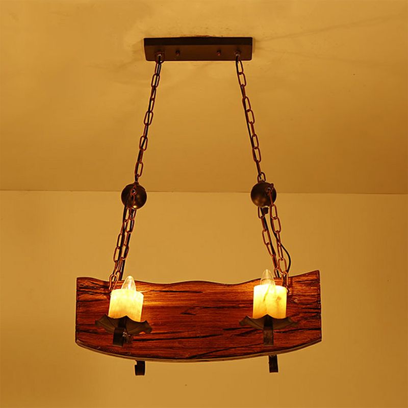 Rectangle Wood Board Island Lamp Rural 4 Bulbes Restaurant Down Lighting Pendant avec bougie en marron