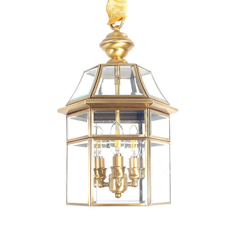 3 Bulbs Cage Ceiling Chandelier Traditional Clear Glass Suspended Lighting Fixture in Brass