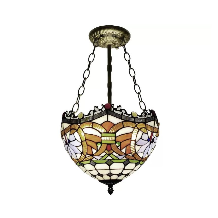 12"/16" Wide Victorian Design Bowl Ceiling Fixture Tiffany Style Stained Glass Semi Flush Mount Light in Red/Purple/Brass/Orange-Blue/Orange-Purple for Villa