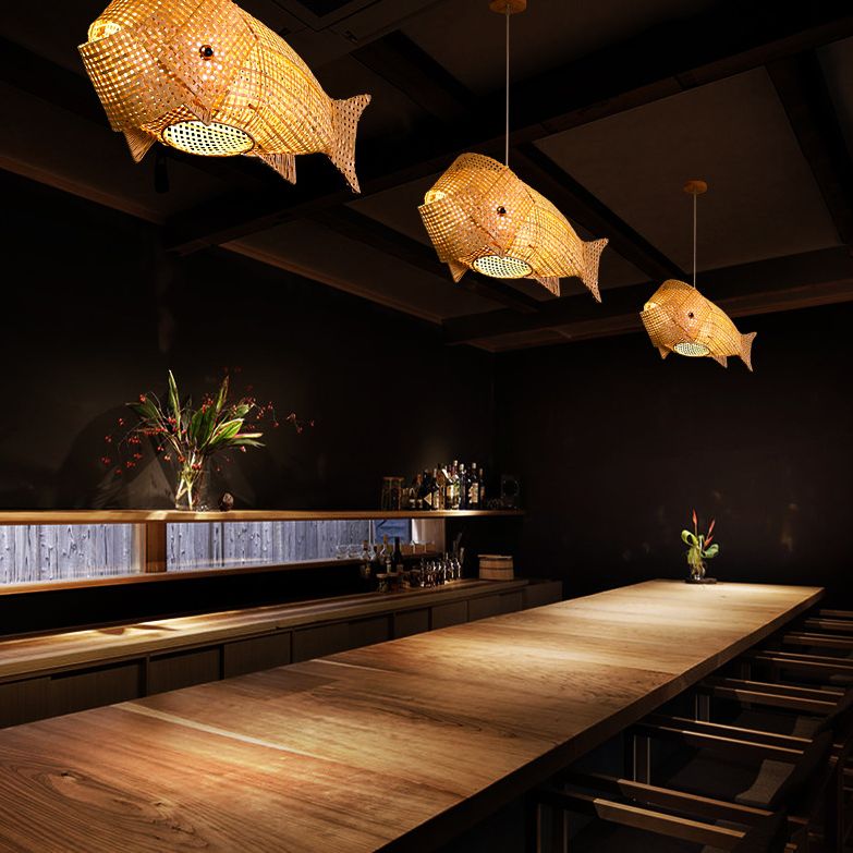 27.5" Wide Japanese Style Carp Hanging Light Bamboo Weaving Creative 1-Light Pendant for Restaurant