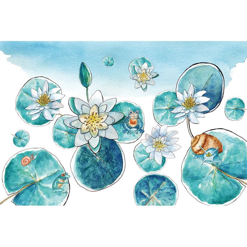 Murales de estanque de loto de acuarela Aqua, decoración de pared asiática resistente a la humedad para dormitorio