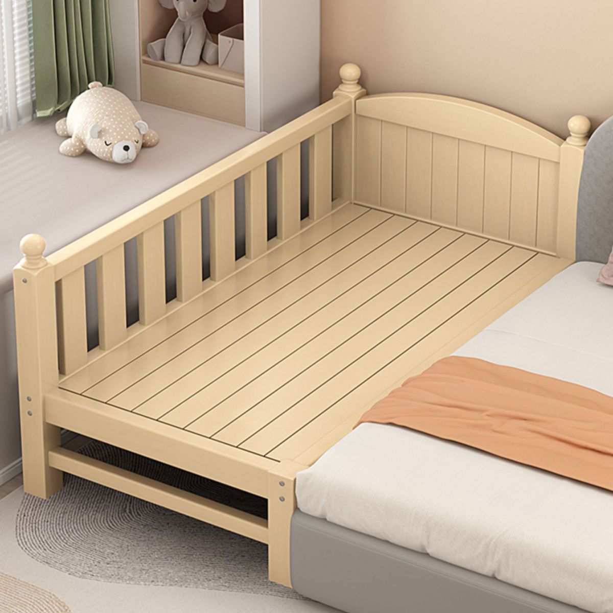 Solid Wood Washed Natural Baby Crib Scandinavian with Guardrail