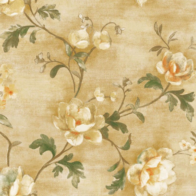 Non-Pasted Wallpaper Roll with Beige and Green Blossoming Flower Design, 20.5 in x 33 ft