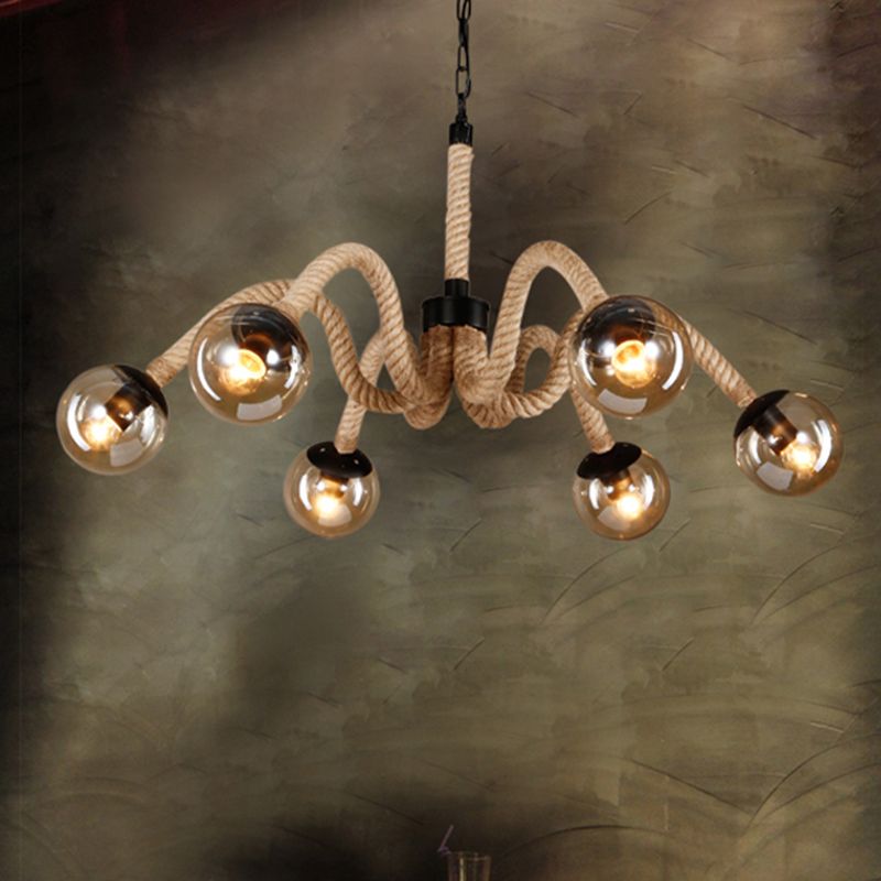 Radial Rope Chandelier Light Traditional 6 Lights Living Room Pendant Lighting with Amber Glass Globe Shade