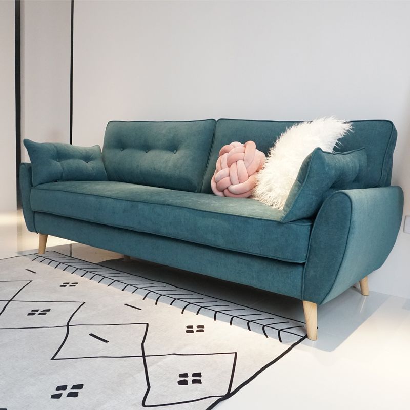 Sofa de bras carré de lin en vrac avec des jambes à épingle à cheveux couvertes.