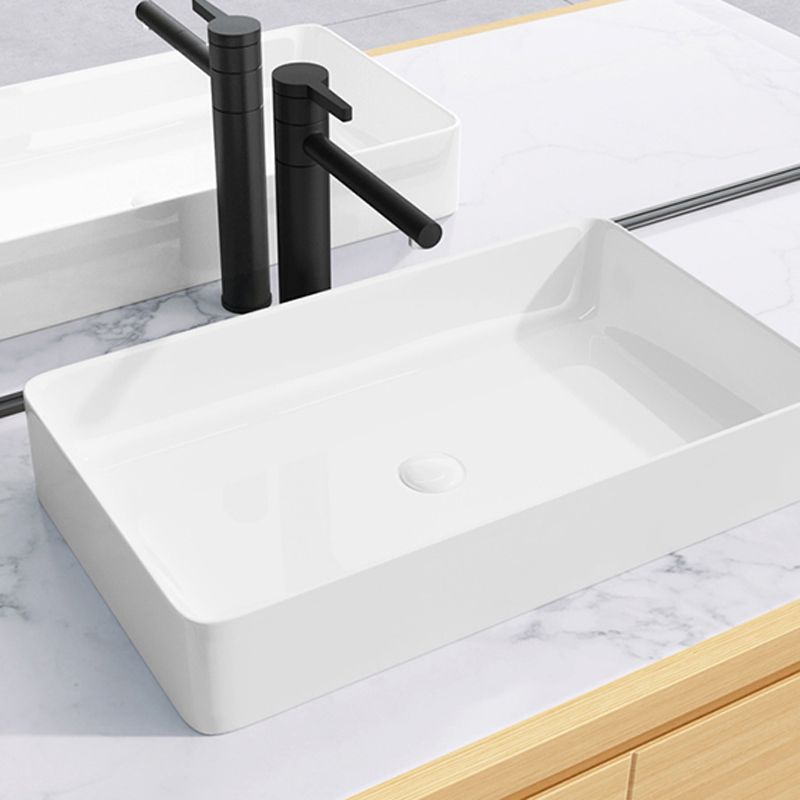 Modern Bathroom Sink Porcelain Rectangular with Drain Assembly and Faucet Vessel Sink