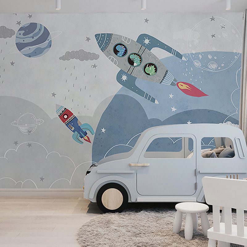 Blue and Grey Rocket Mural Waterproof Wall Covering for Children's Bedroom