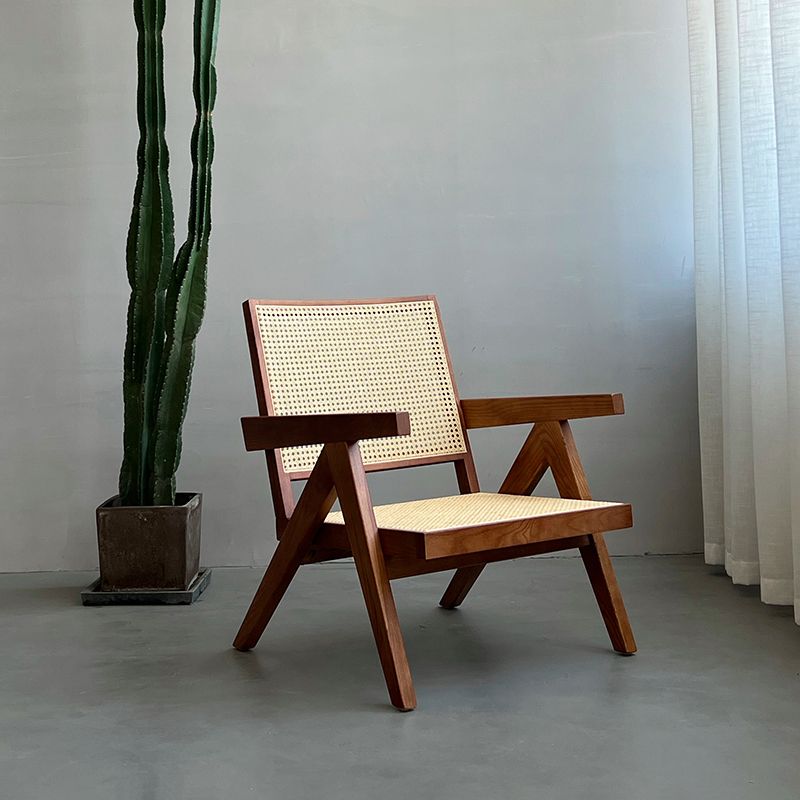 Woven Back Lounge Chair Solid Wood Arms Included Chair with Cushion