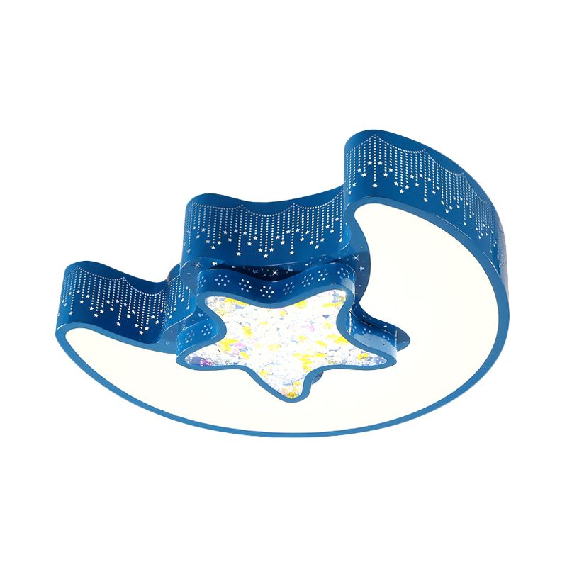Kids Style Moon and Pentagram Ceiling Flush Acrylic Bedroom LED Flushmount Lighting with Starry Design for Bedroom in Blue/Pink/White