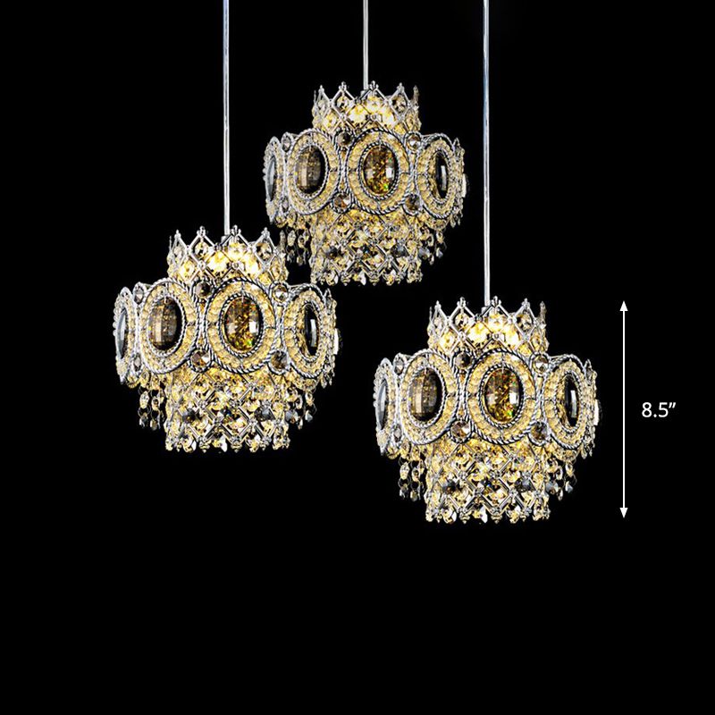 Moderne Blumenschichthubpendellampe 3 Lampenkristall Multiple hängende Licht in Chrom
