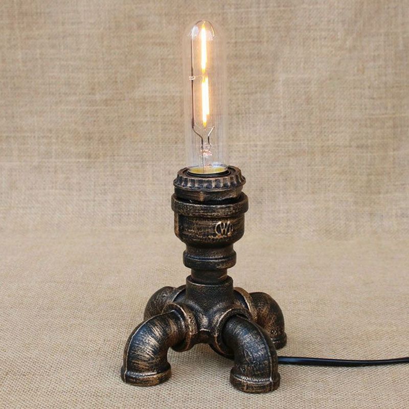 Steampunk Piped Table Lamp with Open Bulb Design 1 Head Metal Standing Table Light in Antique Bronze