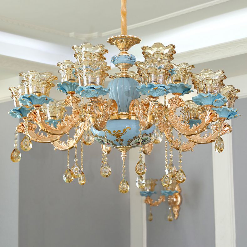 European Style Chandelier Metal Flower Shape Hanging Light with Crystal for Bedroom