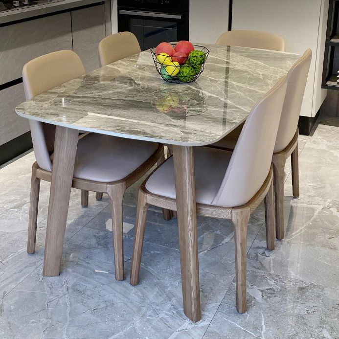 Mid-Century Dining Table for Kitchen Gray Stone Top Dinette Table with Wooden Frame