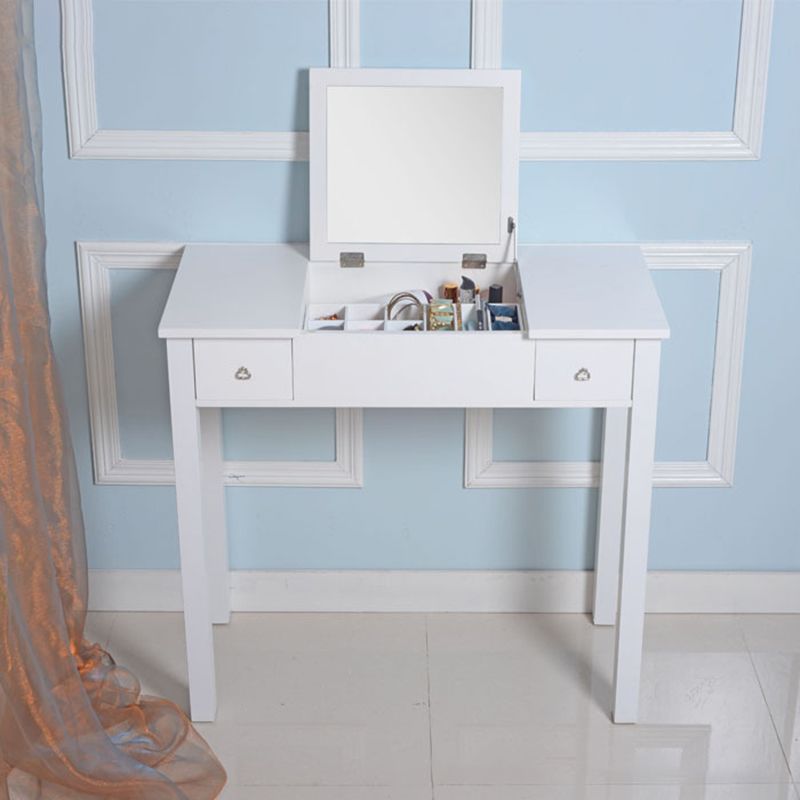 Flip Single Mirror Vanity Desk Double Drawers Straight Feet Dresser in White