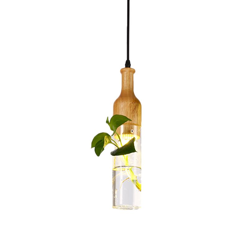 Wine Bottle Clear Glass Pendant Art Deco 1 Bulb Bedroom Plant Ceiling Hang Fixture in Wood