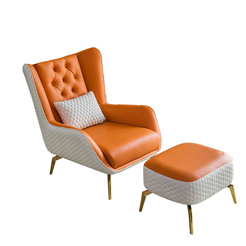 Tufted Back Lounge Chair Leather Ottoman Set with Gold Tone Legs