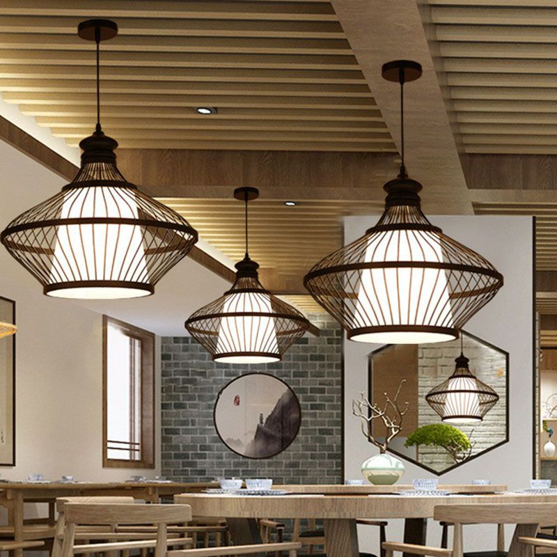 Black Pear Shaped Pendulum Light Asia 1-Light Bamboo Pendant Ceiling Light over Table