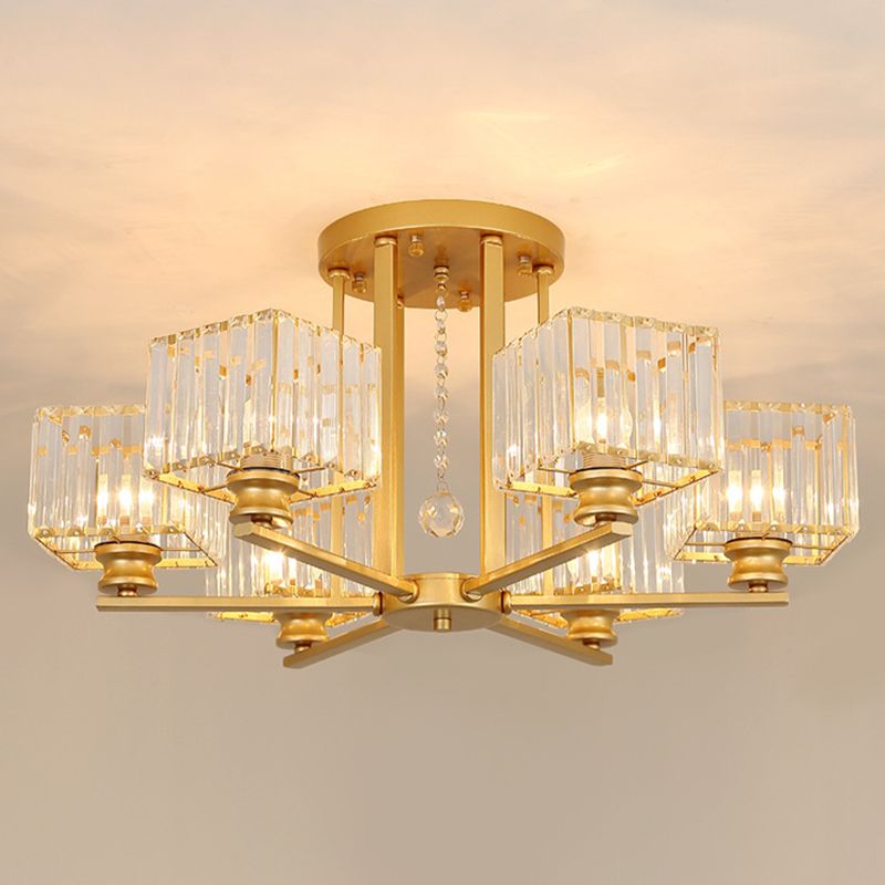 Artistic Radial Suspension Light Metallic Living Room Chandelier Light with K9 Crystal Block Shade