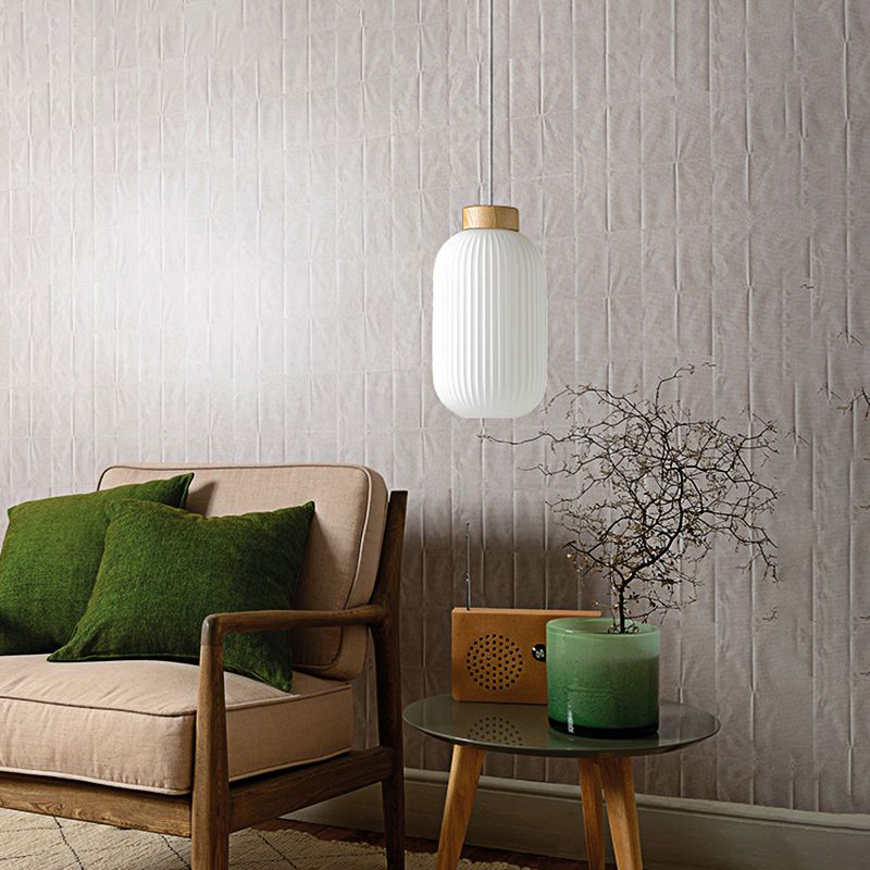 5.5"/8"/12" W Cylinder Pendant Light with Milk Glass Ribbed Shade Modern 1 Light Restaurant Ceiling Fixture in White