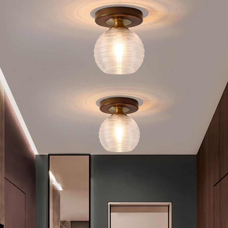 Modern Wood Ceiling Light Geometric Shape Flush Mount with Glass Shade for Living Room