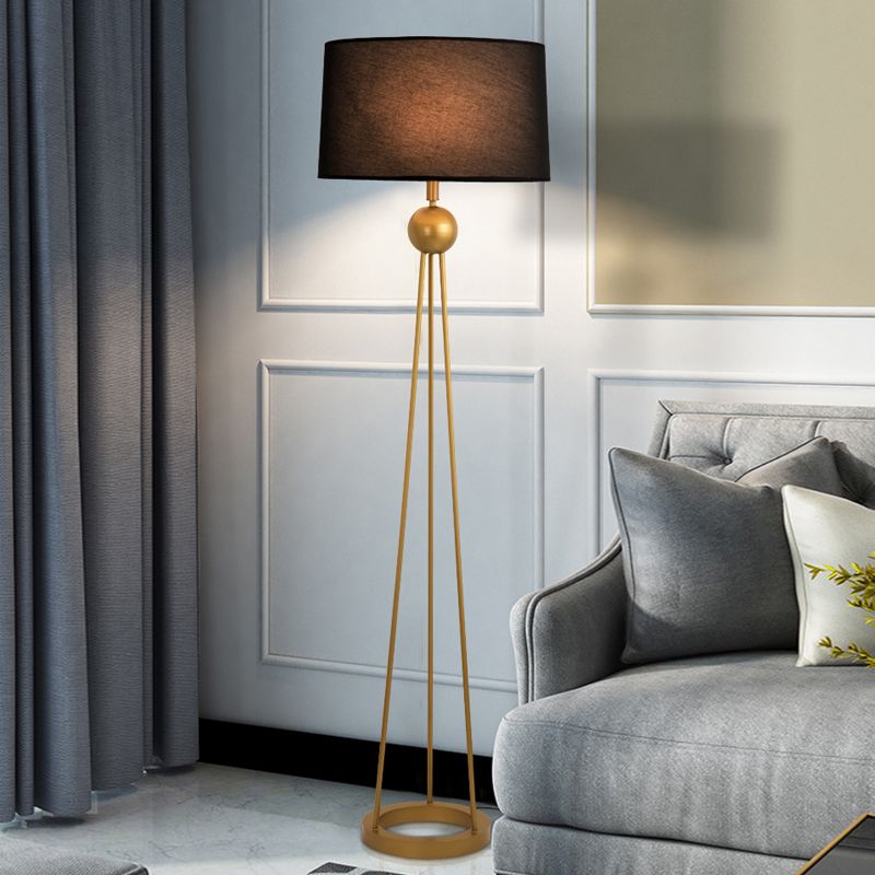 1-Light Living Room Stand Up Lamp Modernist White/Black/Flaxen Tripod Floor Lamp with Drum Fabric Shade