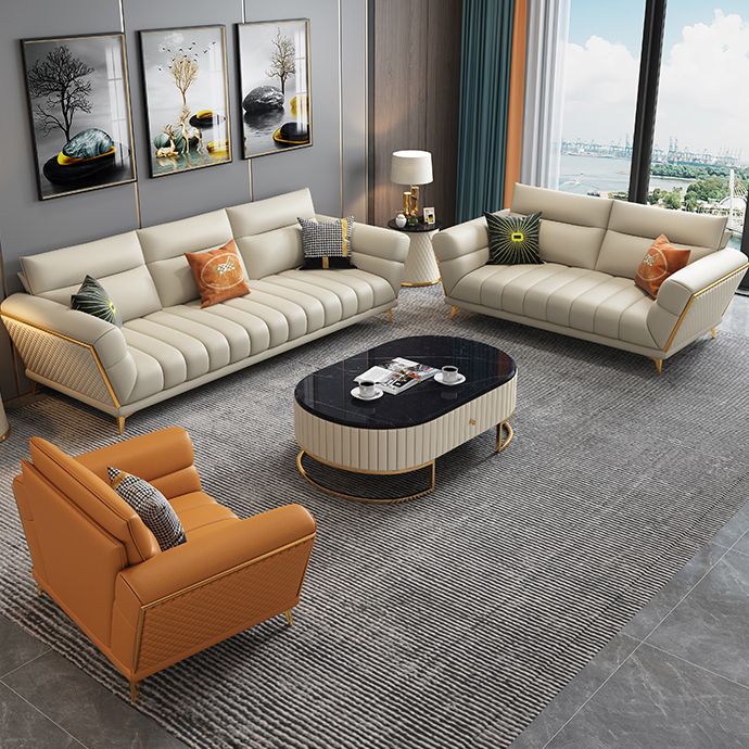 Solid Wood Glam Genuine Leather Flared Arm Sofa with Pillows
