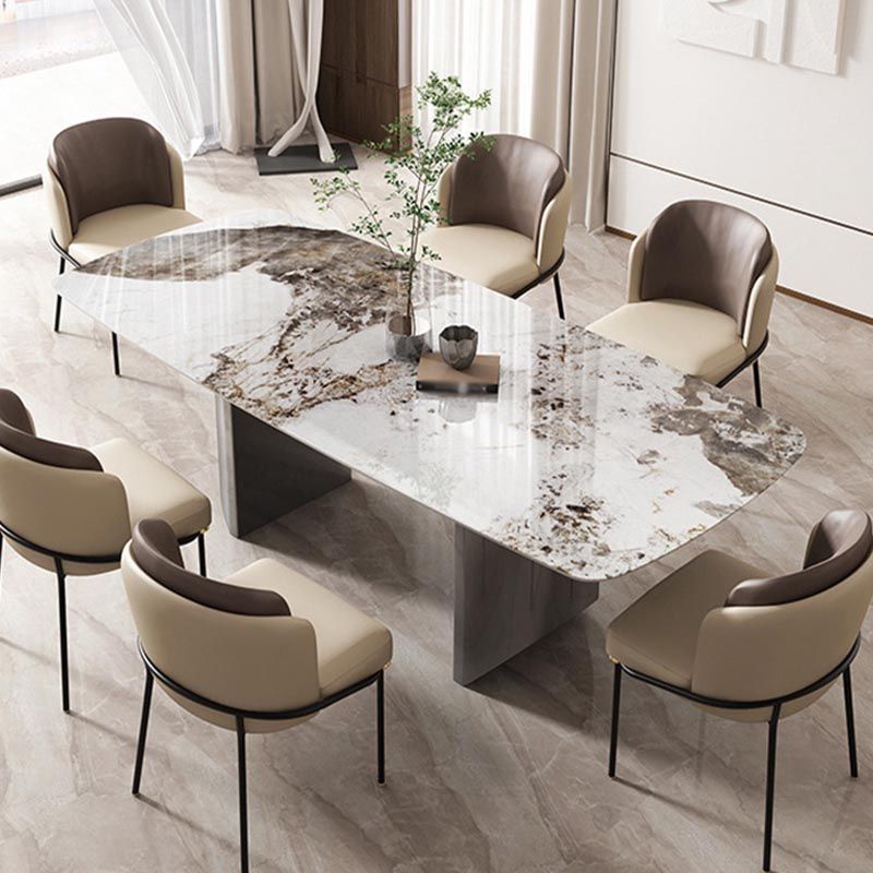 Sintered Stone Top Dining Table Modern Rectangle Stainless Steel Double Pedestal Table
