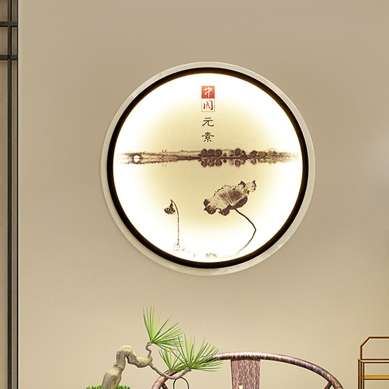 Lotus Lake Tearoom LED Wall Lamp Fabric Chinese Style Mural Sconce Lighting in Black