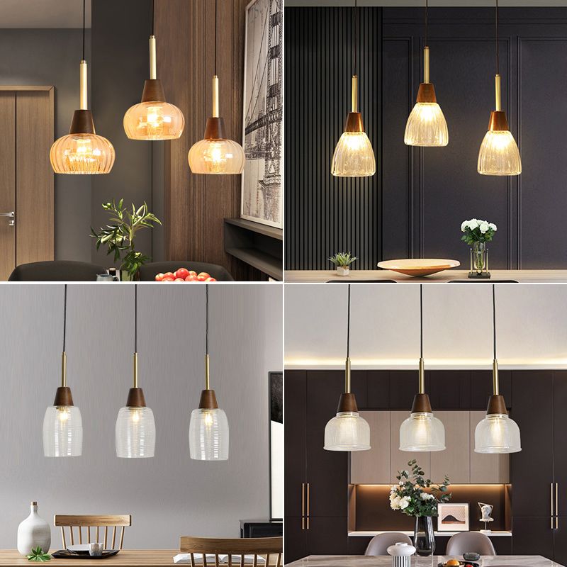 Salle à manger suspendue lampe nordique en noyer en bois clair avec une petite teinte en verre